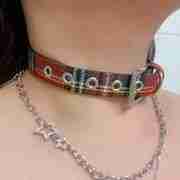 Vintage Red plaid and Star Necklace Choker With Chain Goth Collar