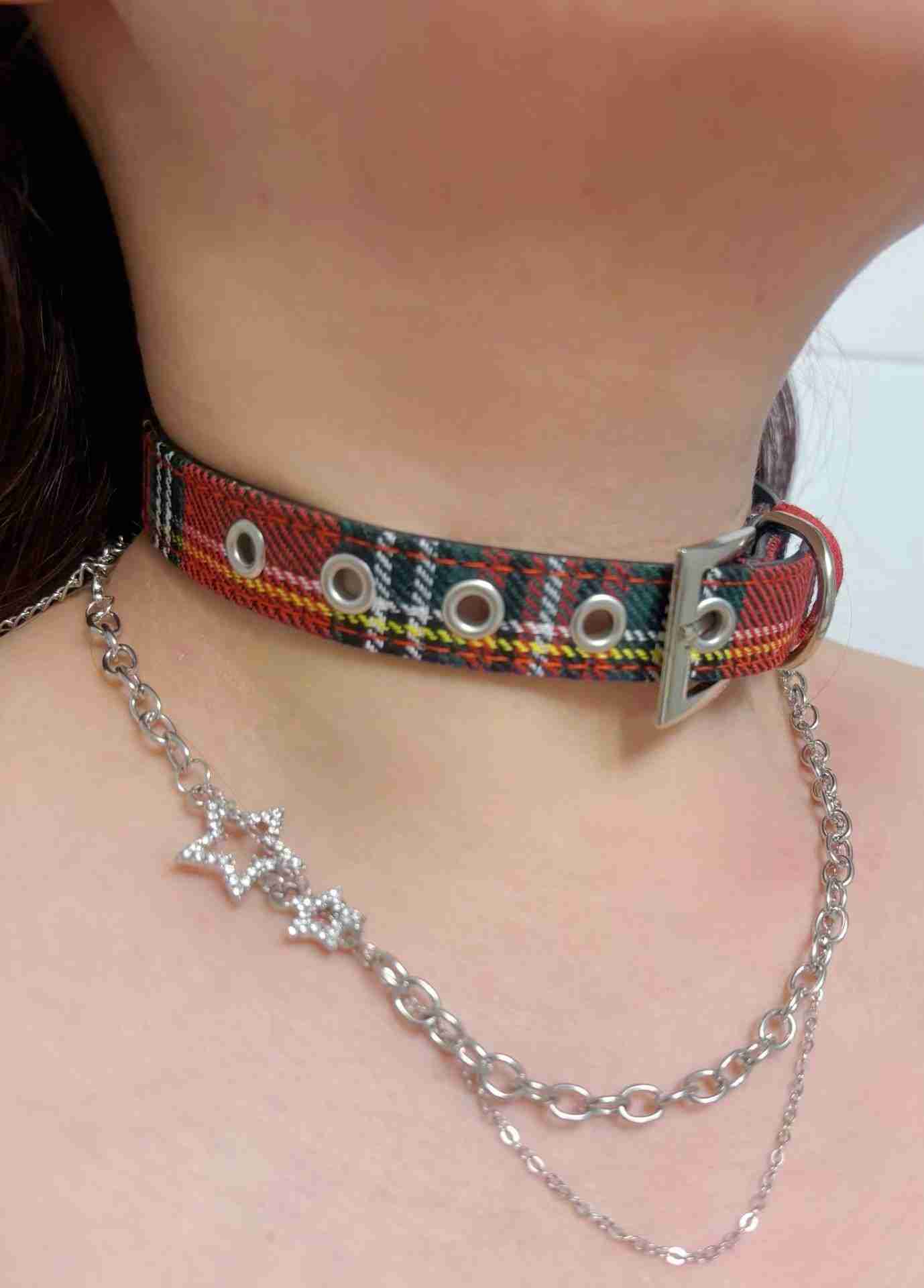 Vintage Red plaid and Star Necklace Choker With Chain Goth Collar