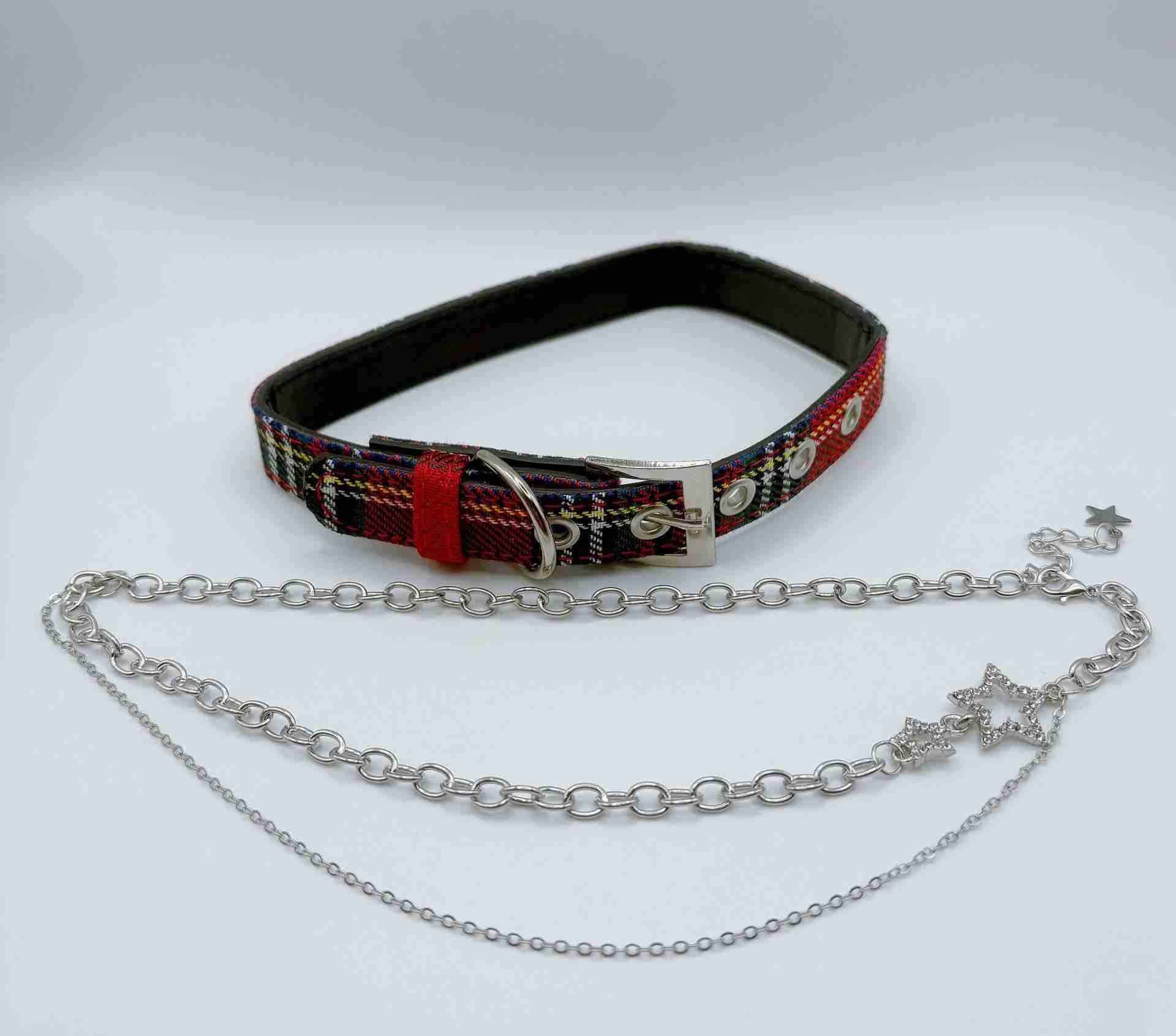 Vintage Red plaid and Star Necklace Choker With Chain Goth Collar