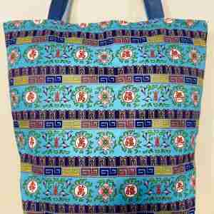 Boundless Longevity Blue - Handmade HK Style Tote Bag with Zipper & Inner Pocket