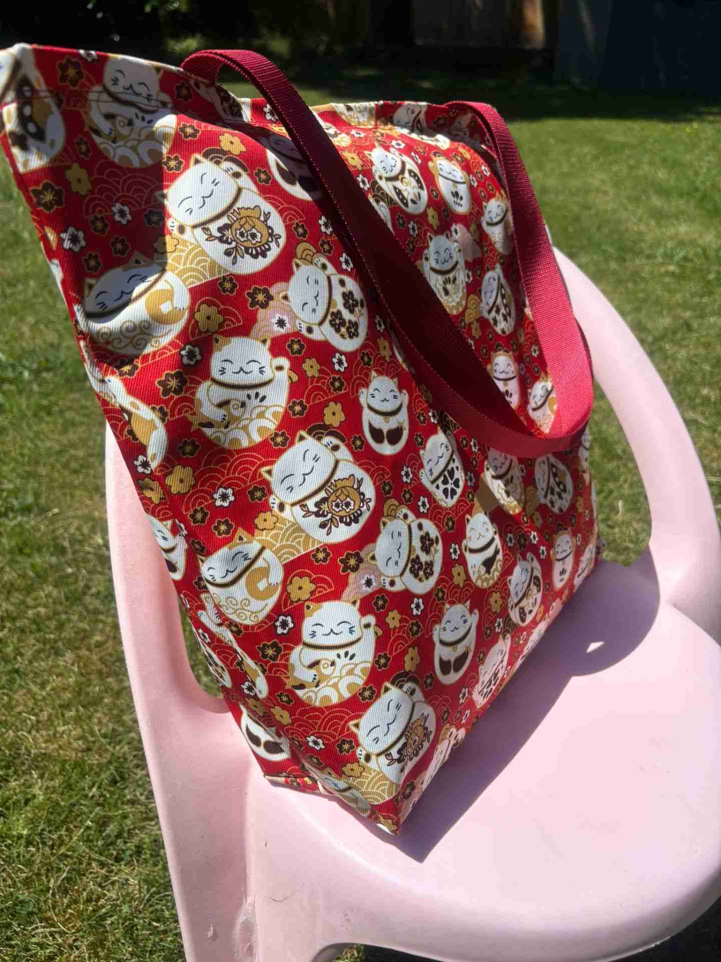 Maneki Neko Cat - Handmade Tote Bag With Zipper & Inner Pocket