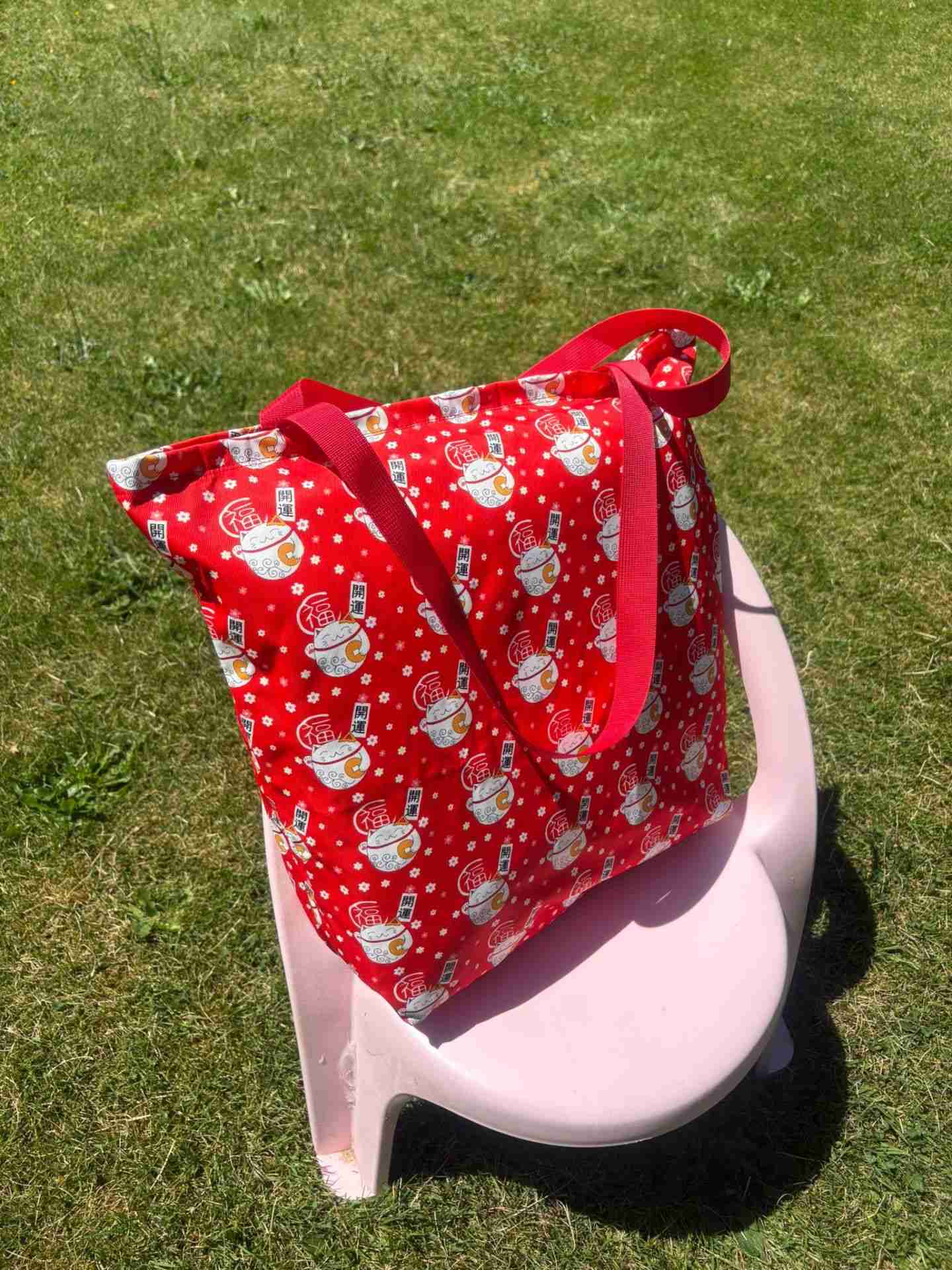 Maneki Neko Cat - Handmade Tote Bag With Zipper & Inner Pocket