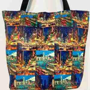 Night View & Transportation - Handmade HK Style Tote Bag With Zipper & Inner Pocket