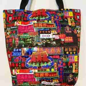 Neon Light Street View - Handmade HK Style Tote Bag With Zipper & Inner Pocket