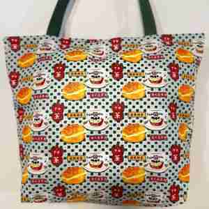 Tea Café with Green Strap - Handmade HK Style Tote Bag With Zipper & Inner Pocket