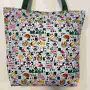 Tea Café Scene with Green Strap - Handmade HK Style Tote Bag With Zipper & Inner Pocket