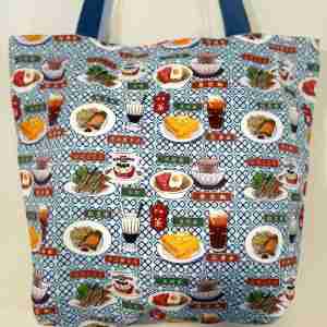 Tea Café Scene with Blue Strap - Handmade Tote Bag With Zipper & Inner Pocket
