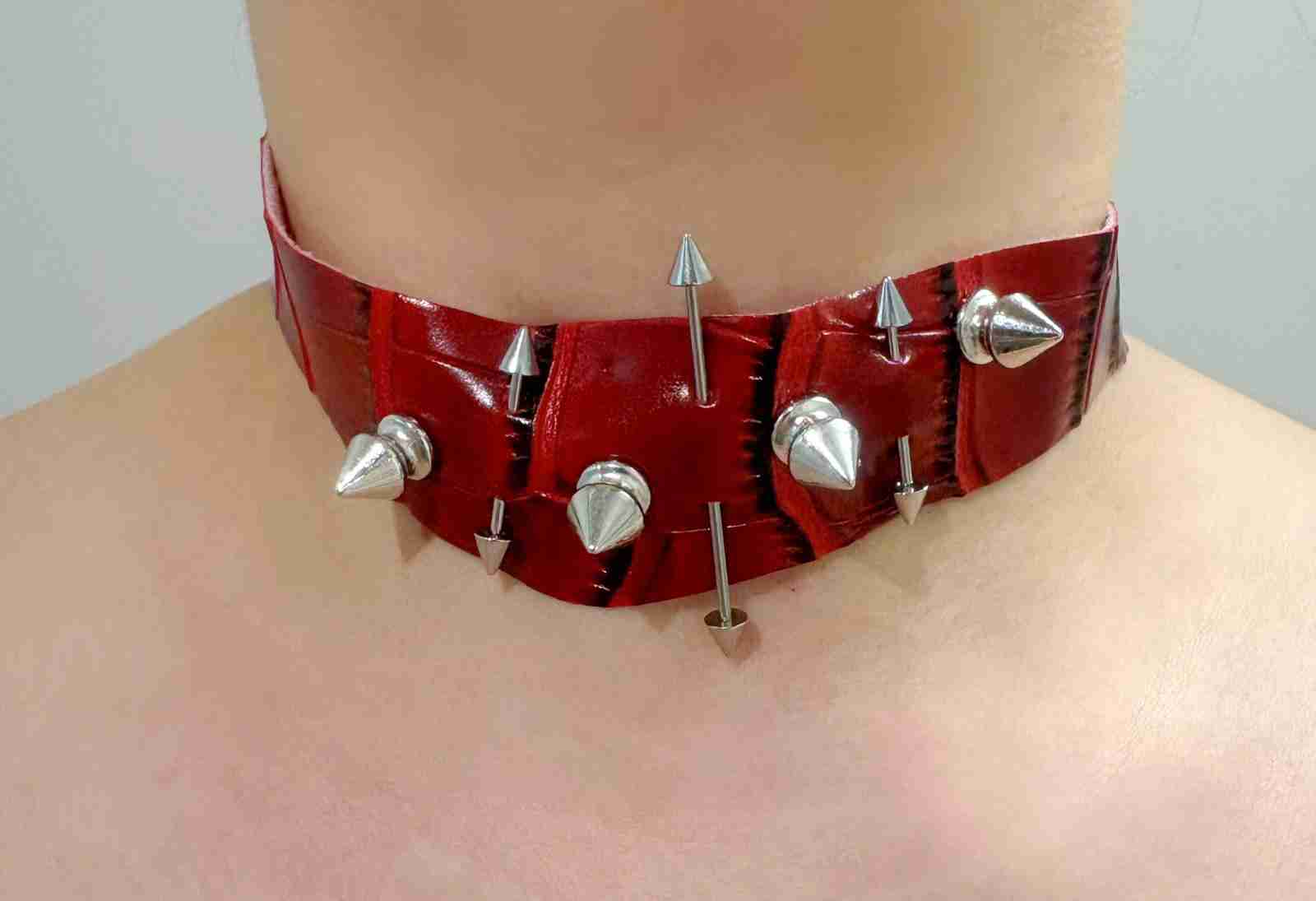 Burgundy Snake-Pattern Leather Choker with Studs