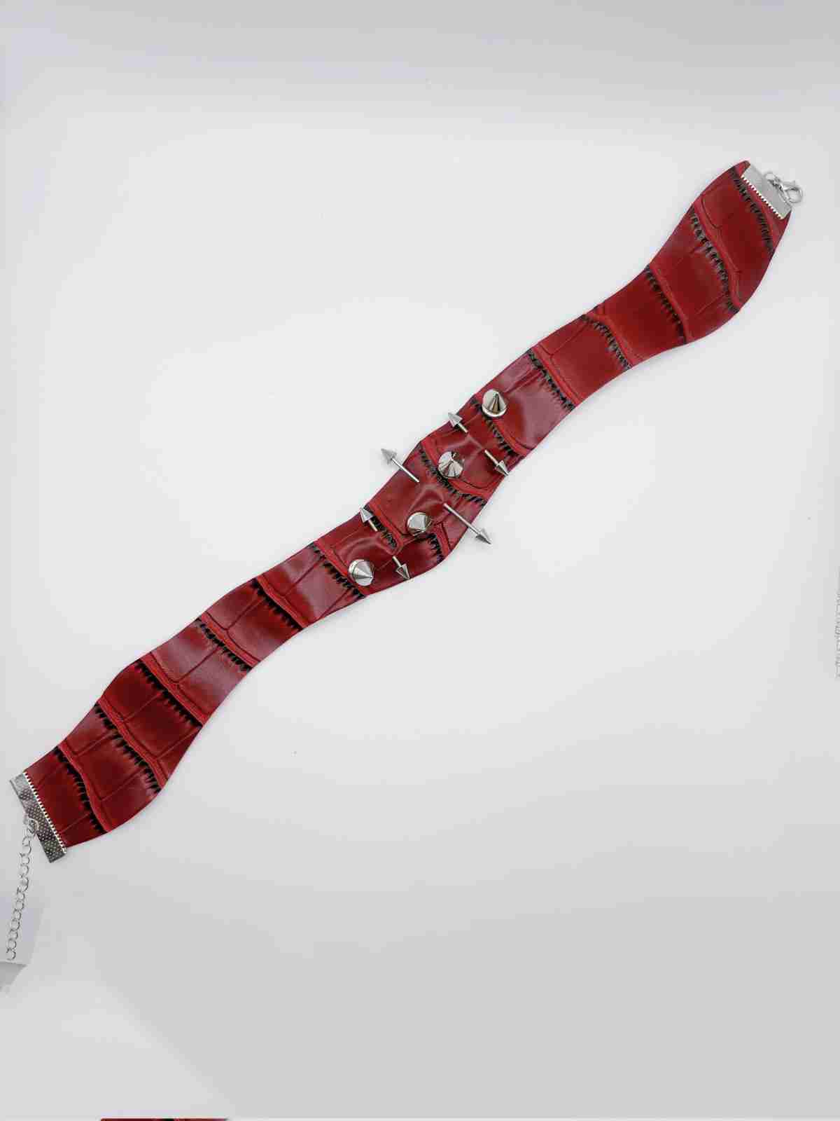 Burgundy Snake-Pattern Leather Choker with Studs